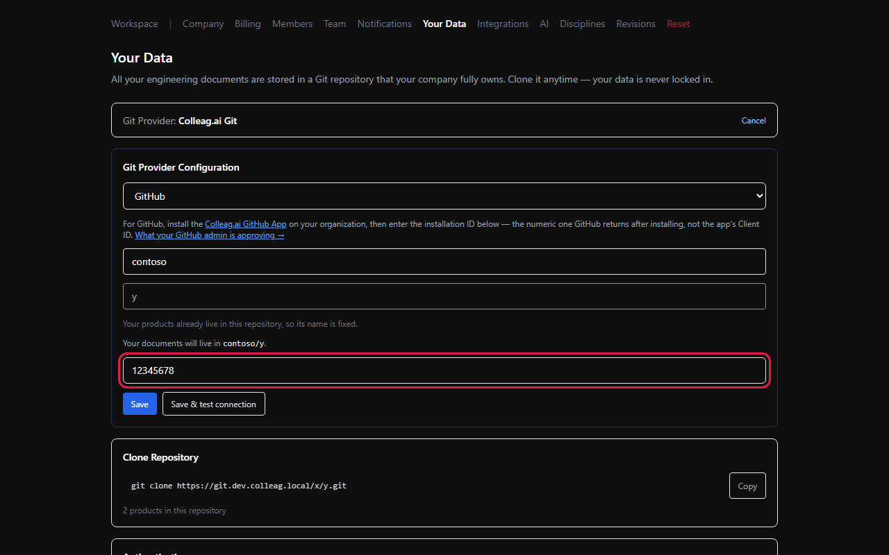 GitHub-formuläret ifyllt, med fältet för installation ID markerat