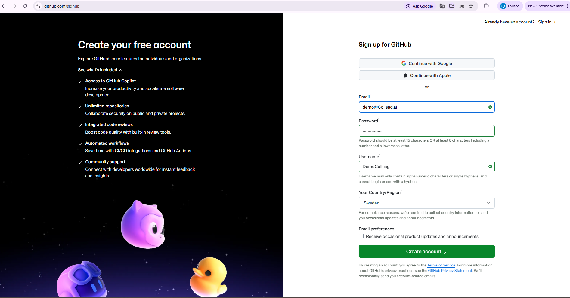 GitHubs registreringssida med e-post, lösenord och användarnamn ifyllda
