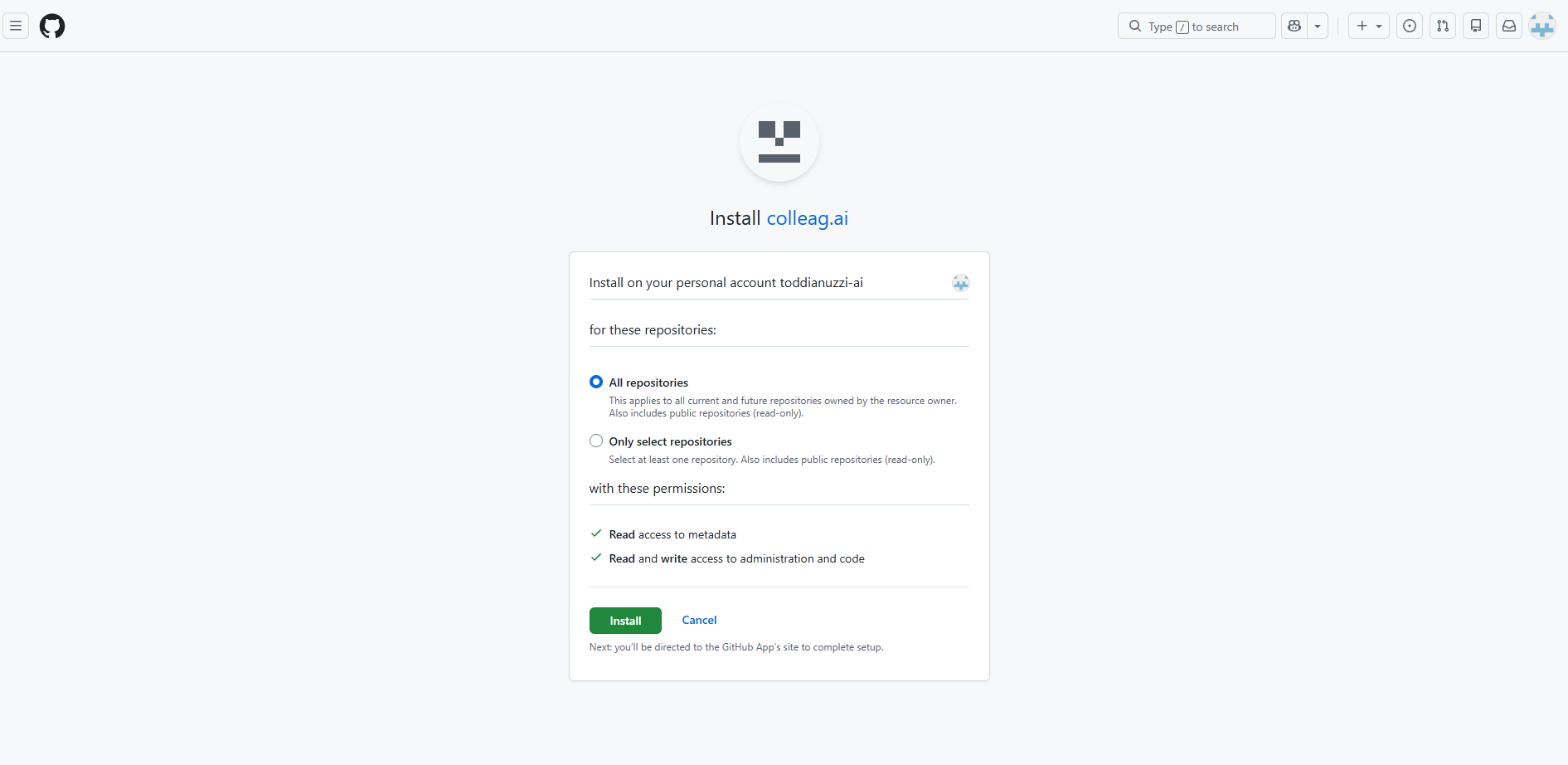 Install-dialogen: kontovalet, repovalet och behörighetslistan