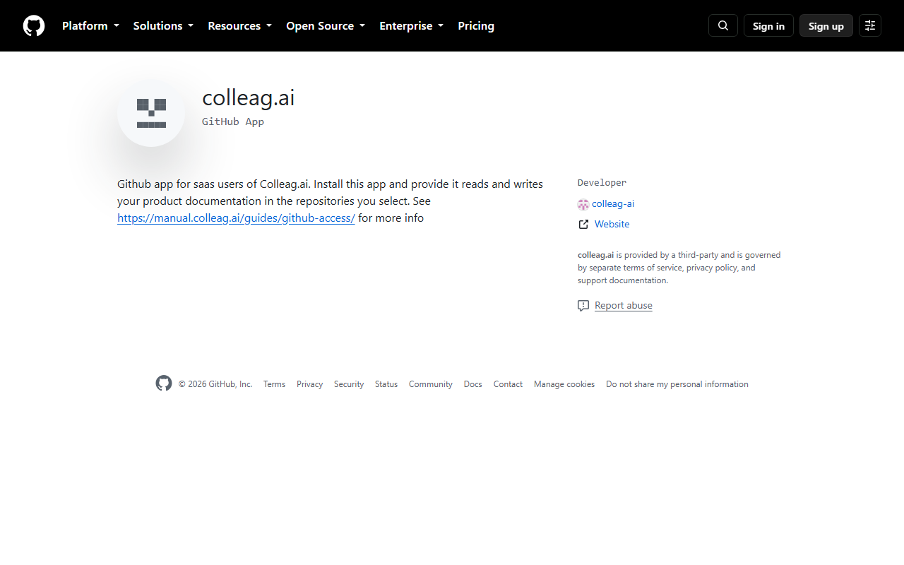 GitHub-appen colleag.ai, den publika sidan
